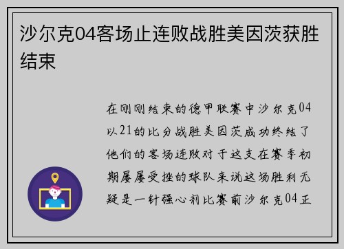 沙尔克04客场止连败战胜美因茨获胜结束