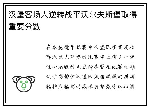 汉堡客场大逆转战平沃尔夫斯堡取得重要分数